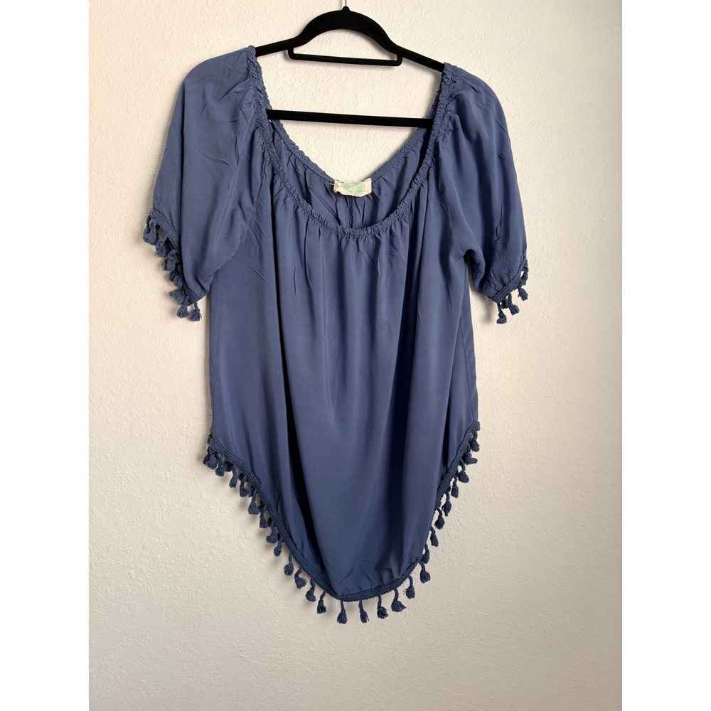 ZL Tassel Fringe Blouse large Blue Boho Scoop Neck Short Sleeve